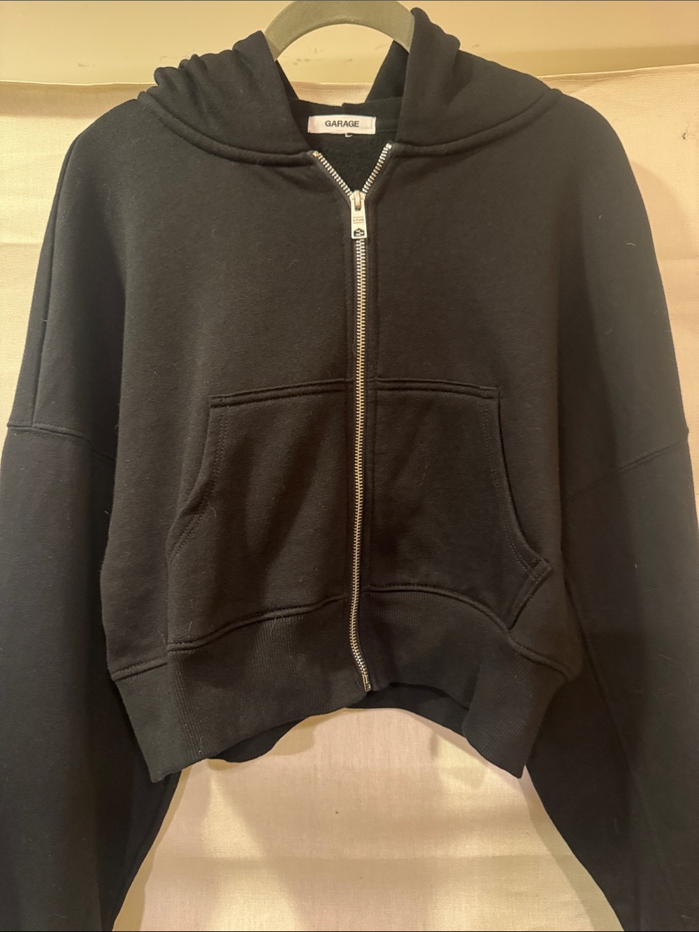 Garage Black Cropped Zip-Up Hoodie with Kangaroo Pocket